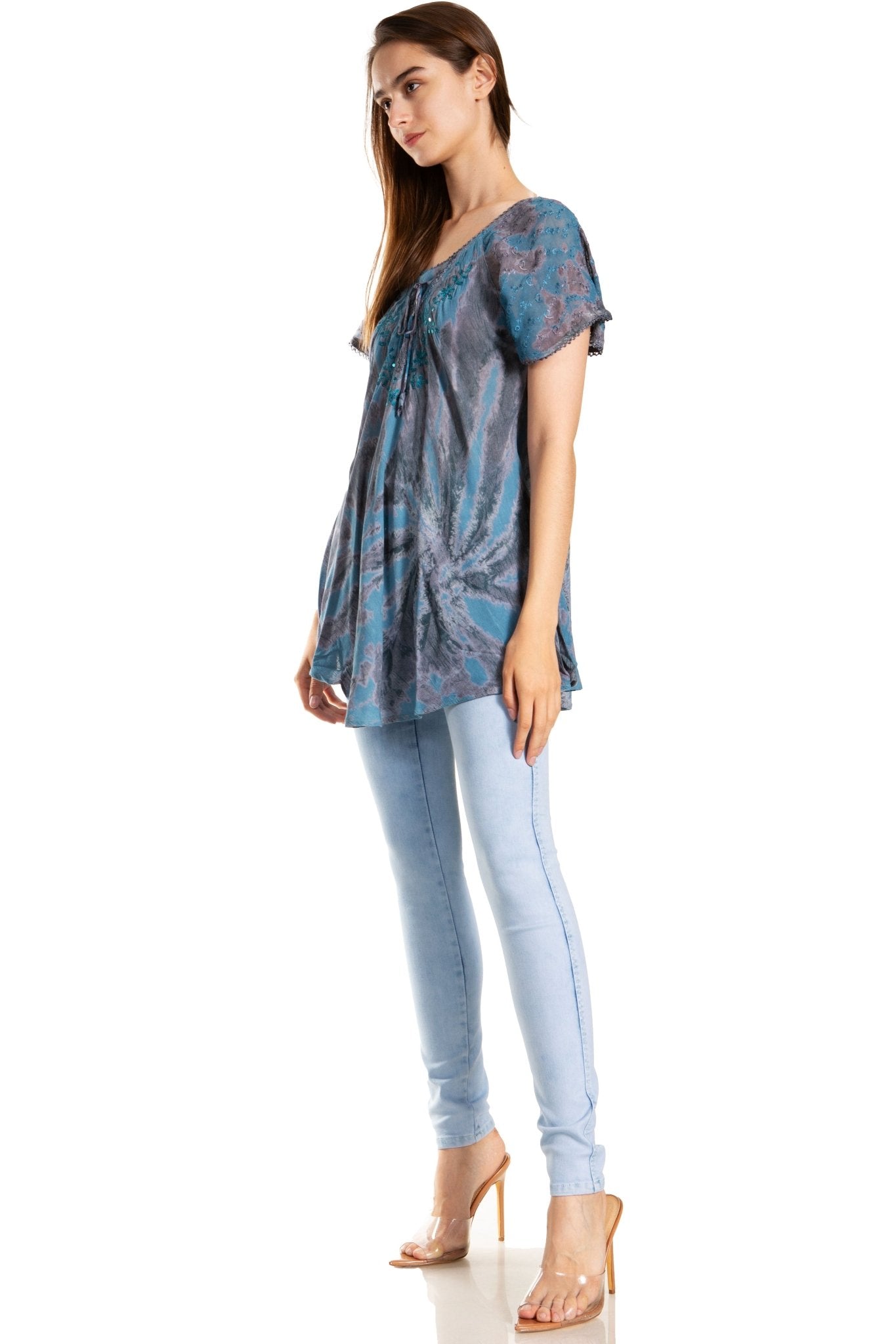 Sakkas Marzia Women's Loose Fit Short Sleeve Casual Tie Dye Batik Blouse Top Tunic tops La Vie Bien Sakkas Marzia Women's Loose Fit Short Sleeve Casual Tie Dye Batik Blouse Top Tunic