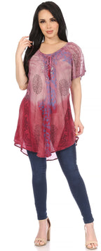 Sakkas Marzia Women's Loose Fit Short Sleeve Casual Tie Dye Batik Blouse Top Tunic tops La Vie Bien Sakkas Marzia Women's Loose Fit Short Sleeve Casual Tie Dye Batik Blouse Top Tunic