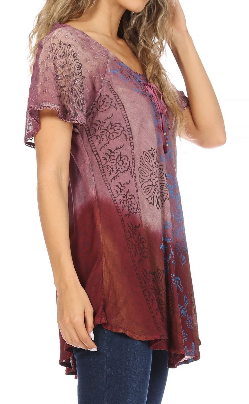 Sakkas Marzia Women's Loose Fit Short Sleeve Casual Tie Dye Batik Blouse Top Tunic tops La Vie Bien Sakkas Marzia Women's Loose Fit Short Sleeve Casual Tie Dye Batik Blouse Top Tunic