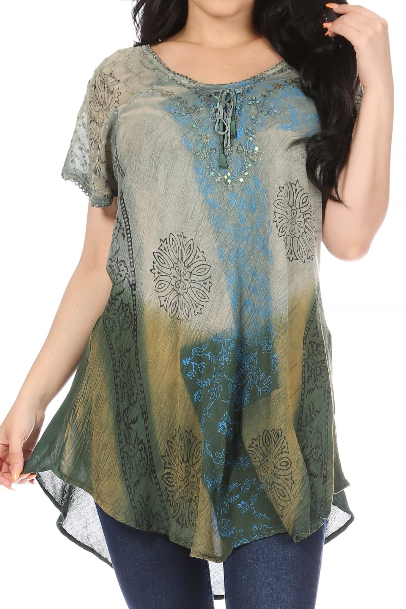 Sakkas Marzia Women's Loose Fit Short Sleeve Casual Tie Dye Batik Blouse Top Tunic tops La Vie Bien Sakkas Marzia Women's Loose Fit Short Sleeve Casual Tie Dye Batik Blouse Top Tunic