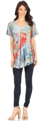 Sakkas Marzia Women's Loose Fit Short Sleeve Casual Tie Dye Batik Blouse Top Tunic tops La Vie Bien Sakkas Marzia Women's Loose Fit Short Sleeve Casual Tie Dye Batik Blouse Top Tunic