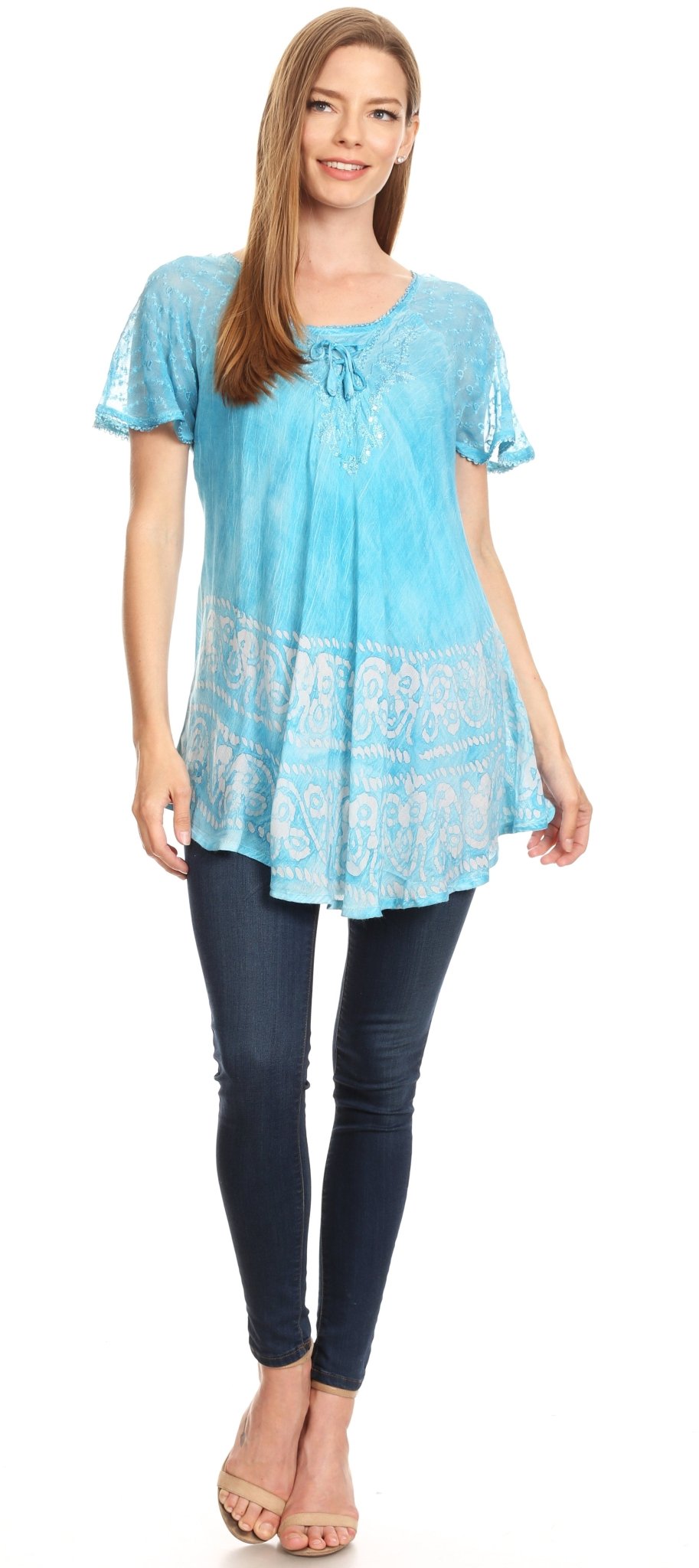 Sakkas Marzia Women's Loose Fit Short Sleeve Casual Tie Dye Batik Blouse Top Tunic tops La Vie Bien Sakkas Marzia Women's Loose Fit Short Sleeve Casual Tie Dye Batik Blouse Top Tunic