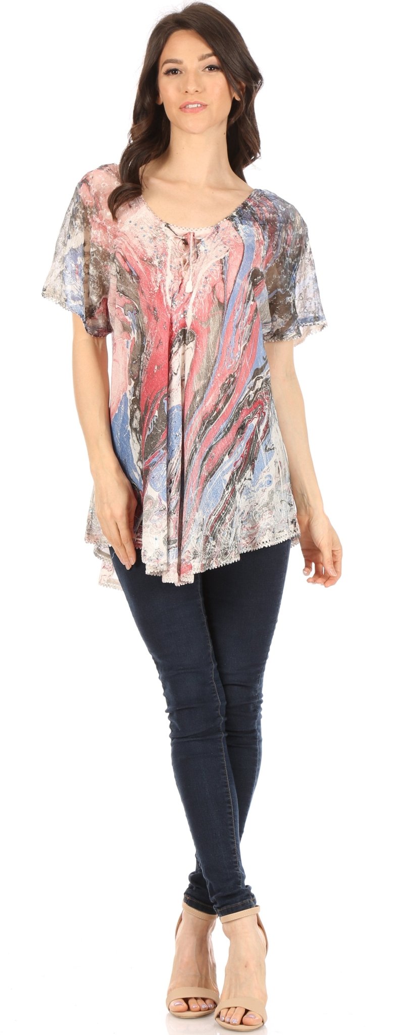 Sakkas Marzia Women's Loose Fit Short Sleeve Casual Tie Dye Batik Blouse Top Tunic tops La Vie Bien Sakkas Marzia Women's Loose Fit Short Sleeve Casual Tie Dye Batik Blouse Top Tunic