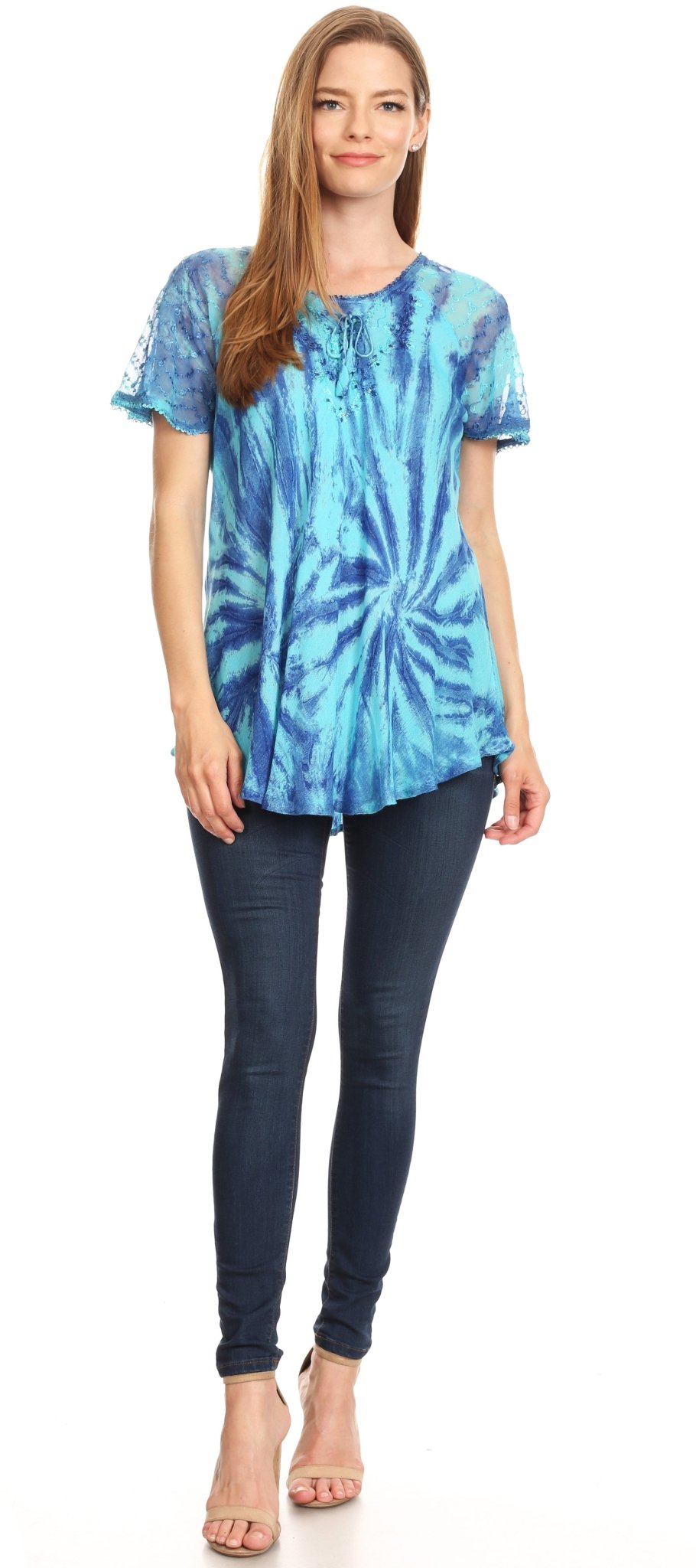Sakkas Marzia Women's Loose Fit Short Sleeve Casual Tie Dye Batik Blouse Top Tunic tops La Vie Bien Sakkas Marzia Women's Loose Fit Short Sleeve Casual Tie Dye Batik Blouse Top Tunic