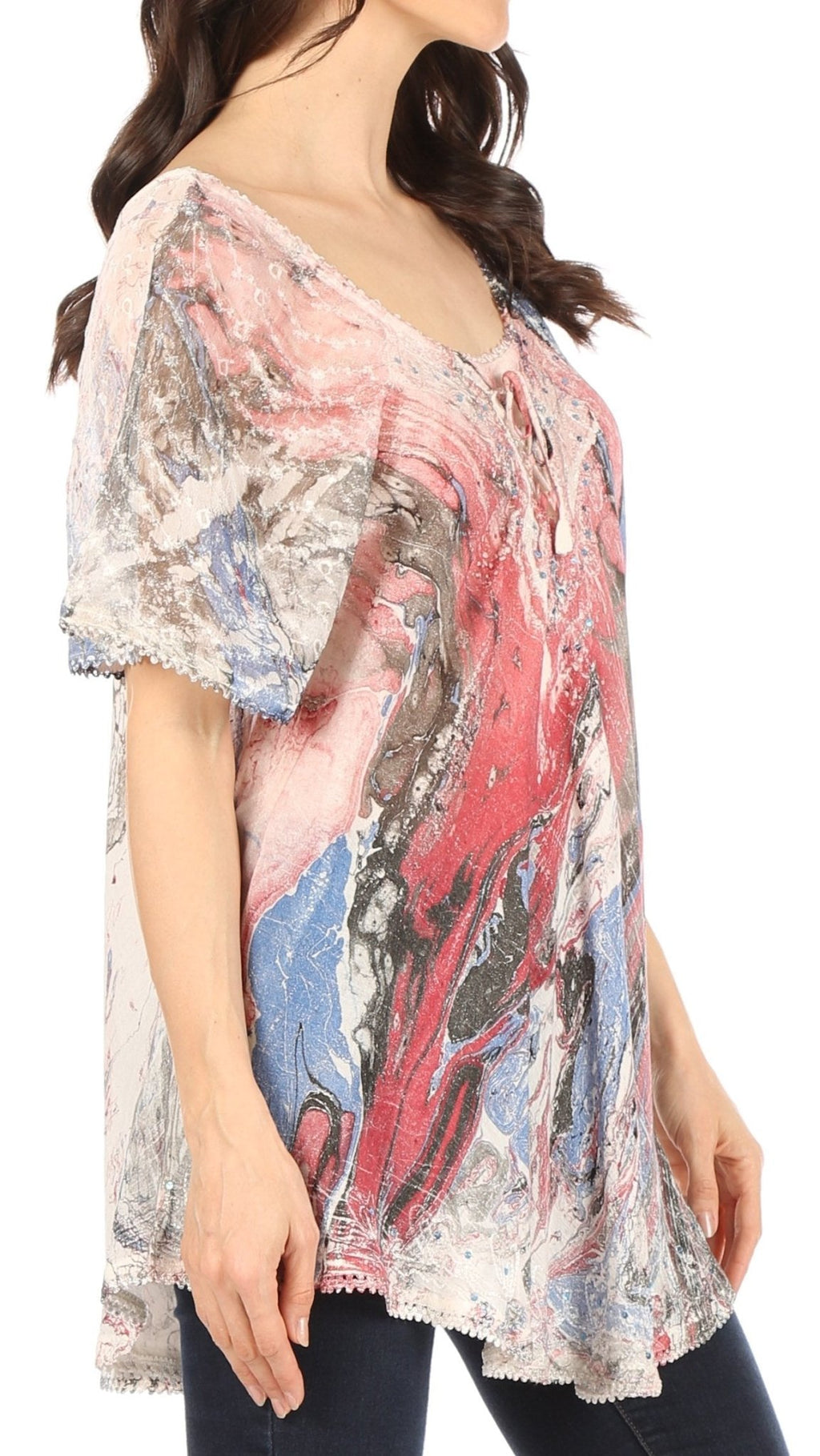 Sakkas Marzia Women's Loose Fit Short Sleeve Casual Tie Dye Batik Blouse Top Tunic tops La Vie Bien Sakkas Marzia Women's Loose Fit Short Sleeve Casual Tie Dye Batik Blouse Top Tunic
