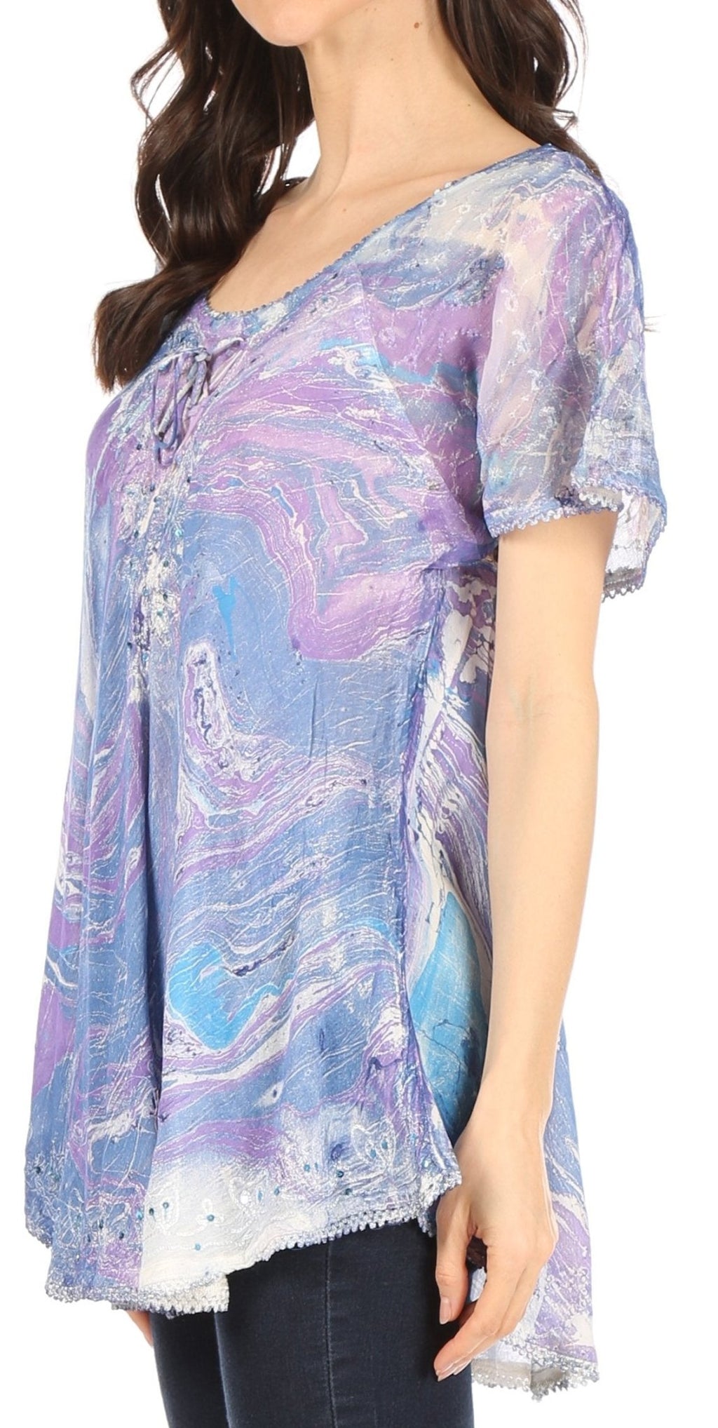 Sakkas Marzia Women's Loose Fit Short Sleeve Casual Tie Dye Batik Blouse Top Tunic tops La Vie Bien Sakkas Marzia Women's Loose Fit Short Sleeve Casual Tie Dye Batik Blouse Top Tunic