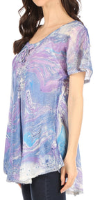 Sakkas Marzia Women's Loose Fit Short Sleeve Casual Tie Dye Batik Blouse Top Tunic tops La Vie Bien Sakkas Marzia Women's Loose Fit Short Sleeve Casual Tie Dye Batik Blouse Top Tunic
