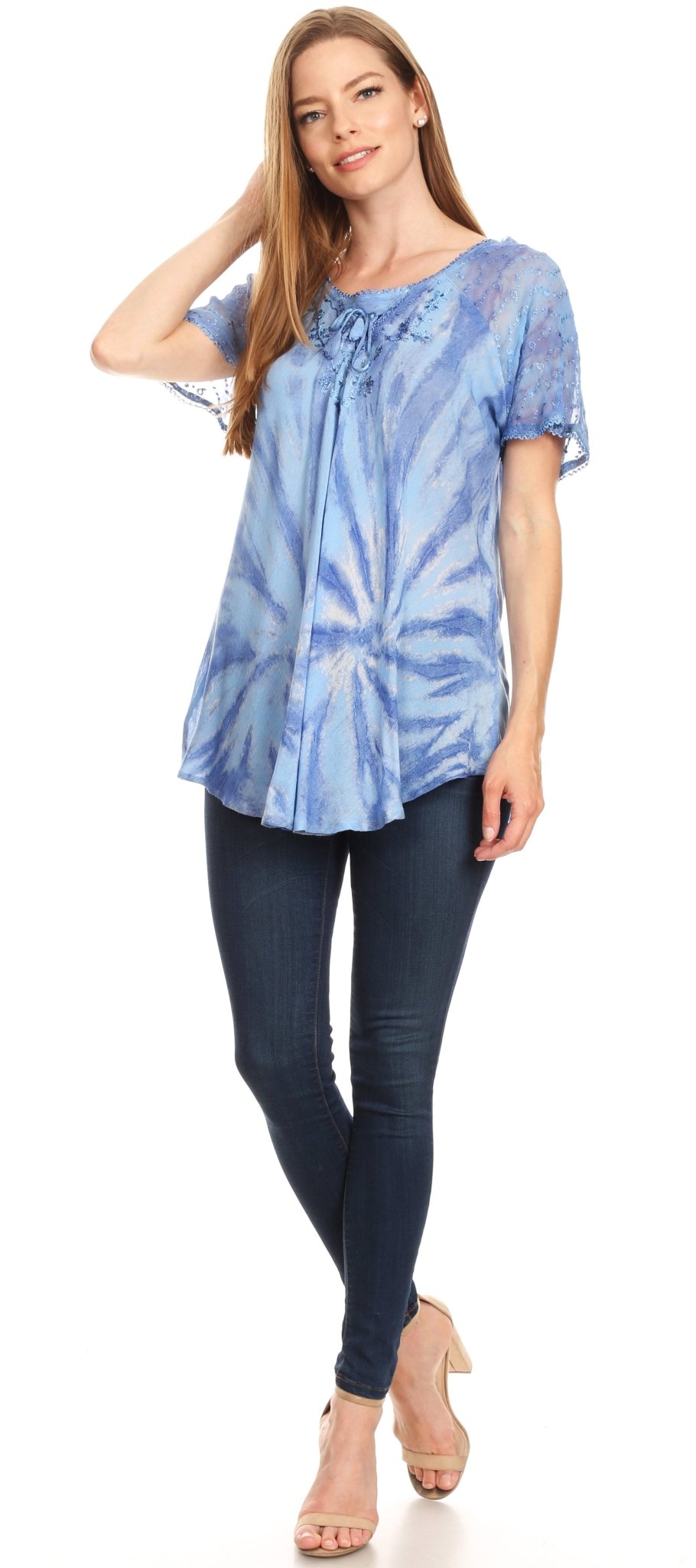 Sakkas Marzia Women's Loose Fit Short Sleeve Casual Tie Dye Batik Blouse Top Tunic tops La Vie Bien Sakkas Marzia Women's Loose Fit Short Sleeve Casual Tie Dye Batik Blouse Top Tunic