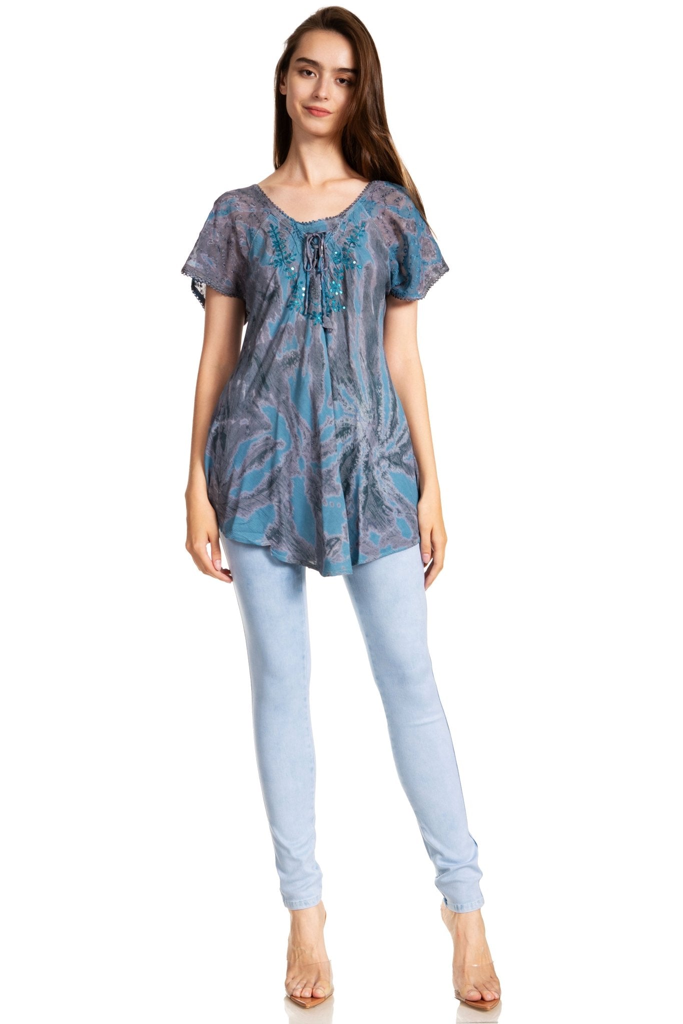 Sakkas Marzia Women's Loose Fit Short Sleeve Casual Tie Dye Batik Blouse Top Tunic tops La Vie Bien Sakkas Marzia Women's Loose Fit Short Sleeve Casual Tie Dye Batik Blouse Top Tunic