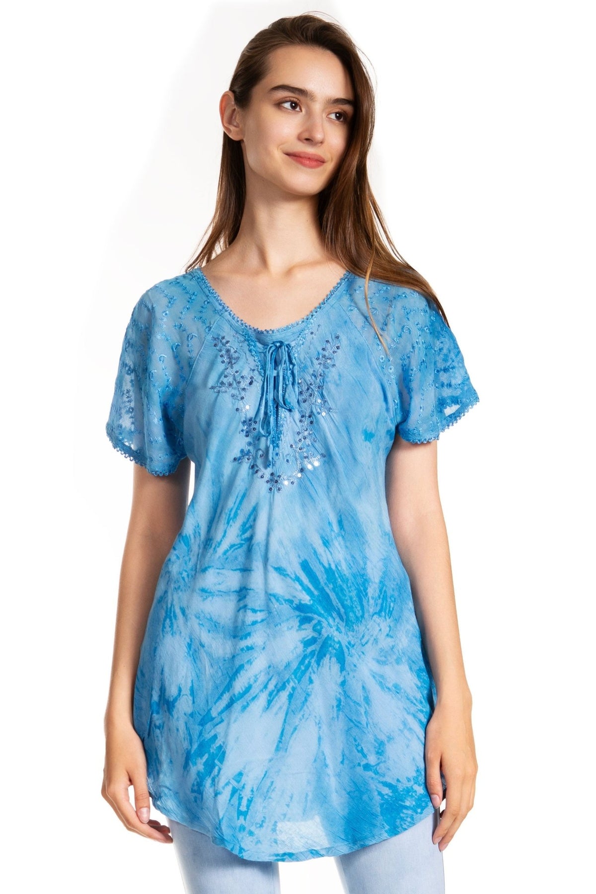 Sakkas Marzia Women's Loose Fit Short Sleeve Casual Tie Dye Batik Blouse Top Tunic tops La Vie Bien Sakkas Marzia Women's Loose Fit Short Sleeve Casual Tie Dye Batik Blouse Top Tunic