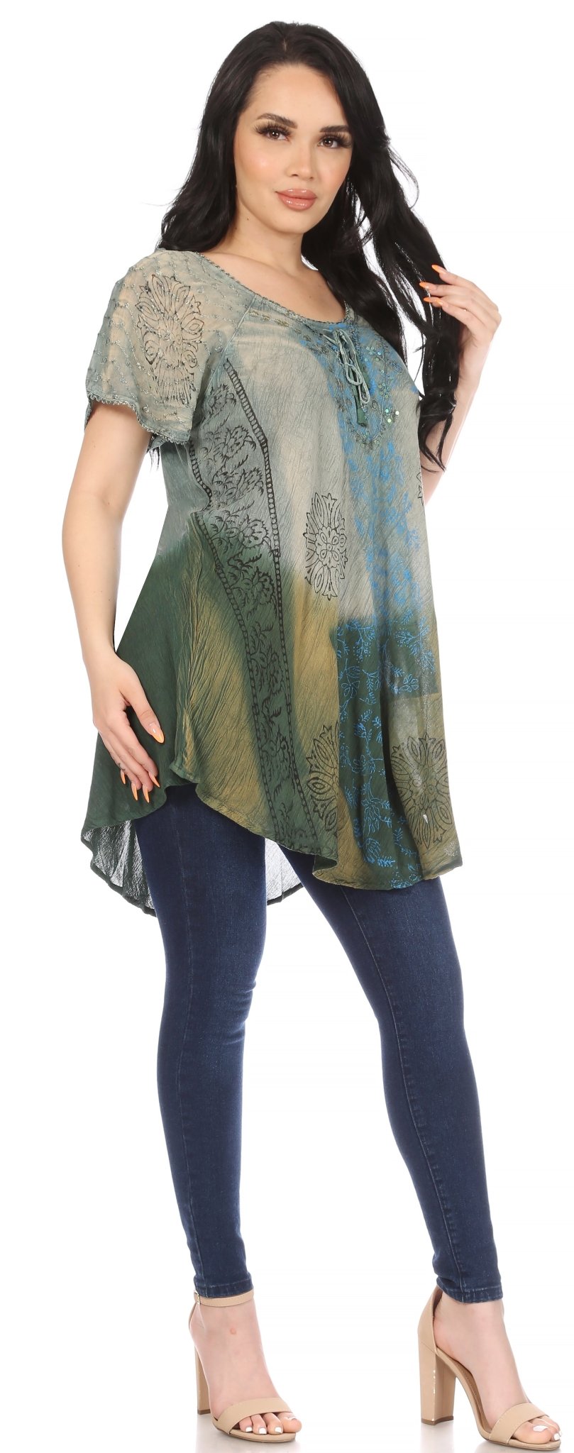 Sakkas Marzia Women's Loose Fit Short Sleeve Casual Tie Dye Batik Blouse Top Tunic tops La Vie Bien Sakkas Marzia Women's Loose Fit Short Sleeve Casual Tie Dye Batik Blouse Top Tunic