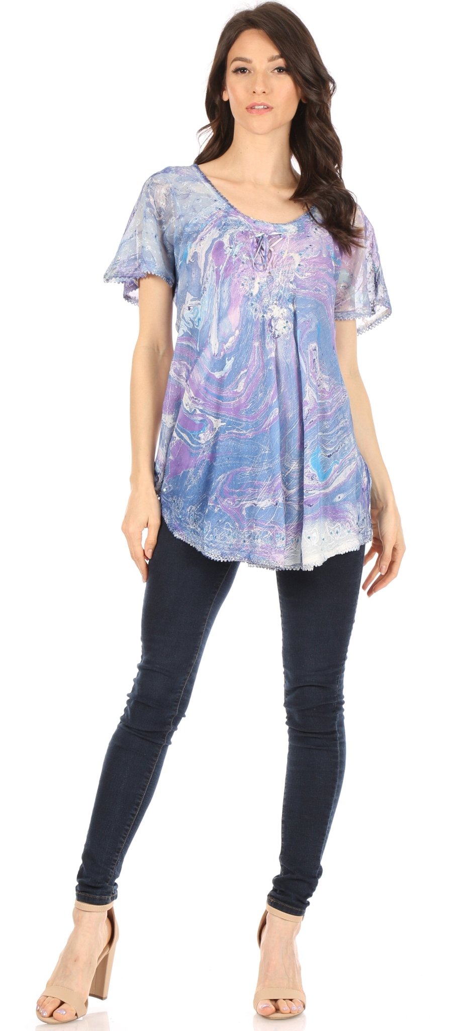 Sakkas Marzia Women's Loose Fit Short Sleeve Casual Tie Dye Batik Blouse Top Tunic tops La Vie Bien Sakkas Marzia Women's Loose Fit Short Sleeve Casual Tie Dye Batik Blouse Top Tunic