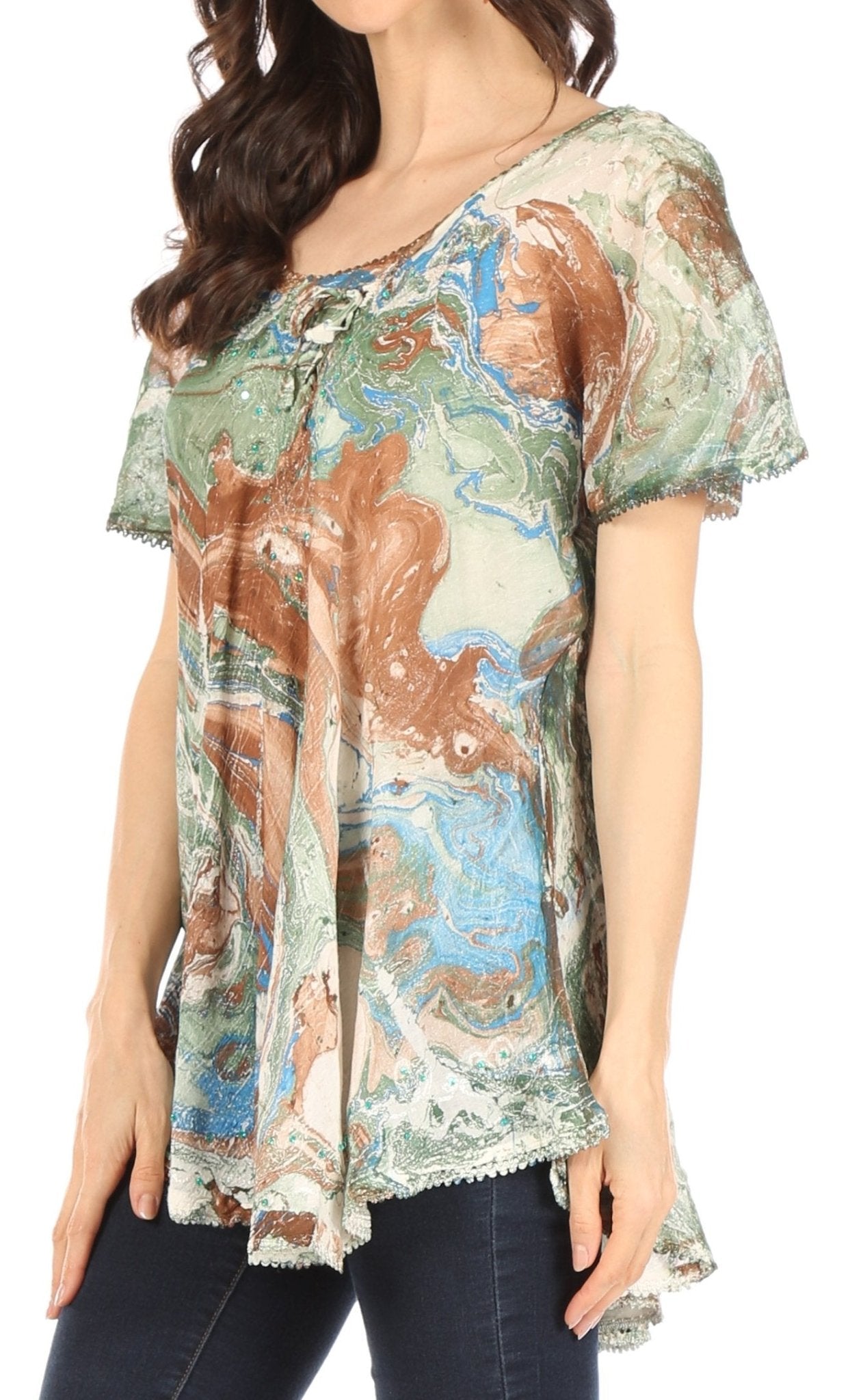 Sakkas Marzia Women's Loose Fit Short Sleeve Casual Tie Dye Batik Blouse Top Tunic tops La Vie Bien Sakkas Marzia Women's Loose Fit Short Sleeve Casual Tie Dye Batik Blouse Top Tunic