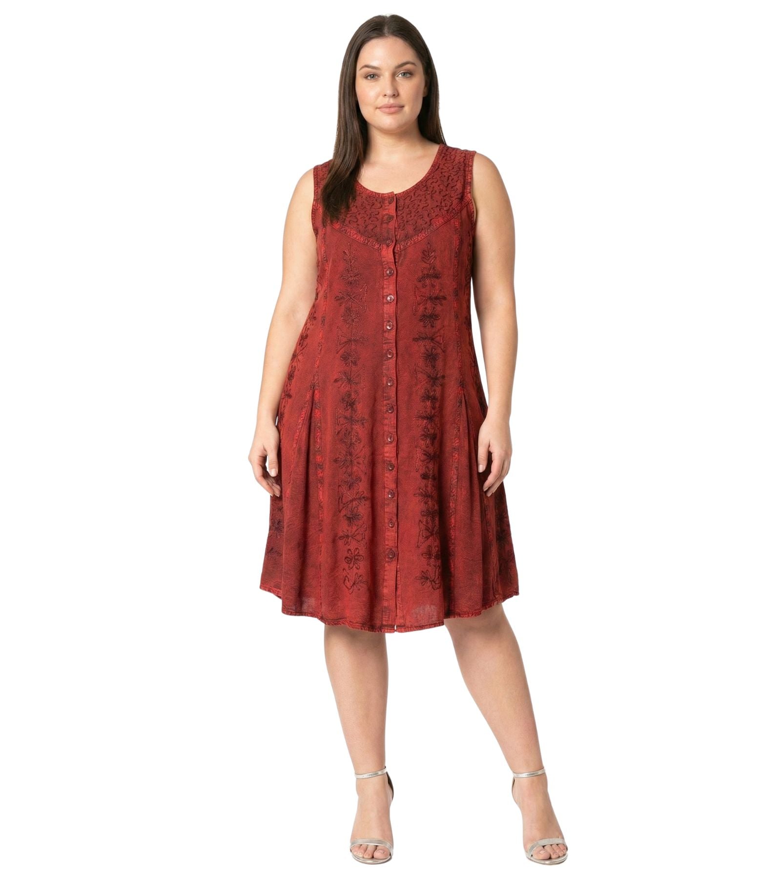 Sakkas Maya Midi Floral Embroidered Sleeveless Button Up Rayon Dress dresses La Vie Bien Sakkas Maya Midi Floral Embroidered Sleeveless Button Up Rayon Dress