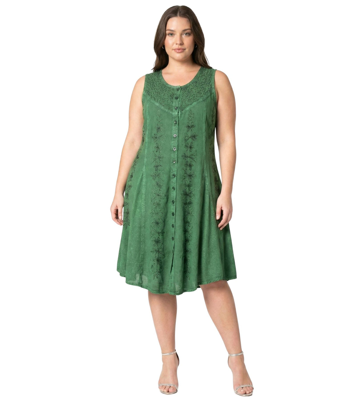 Sakkas Maya Midi Floral Embroidered Sleeveless Button Up Rayon Dress dresses La Vie Bien Sakkas Maya Midi Floral Embroidered Sleeveless Button Up Rayon Dress