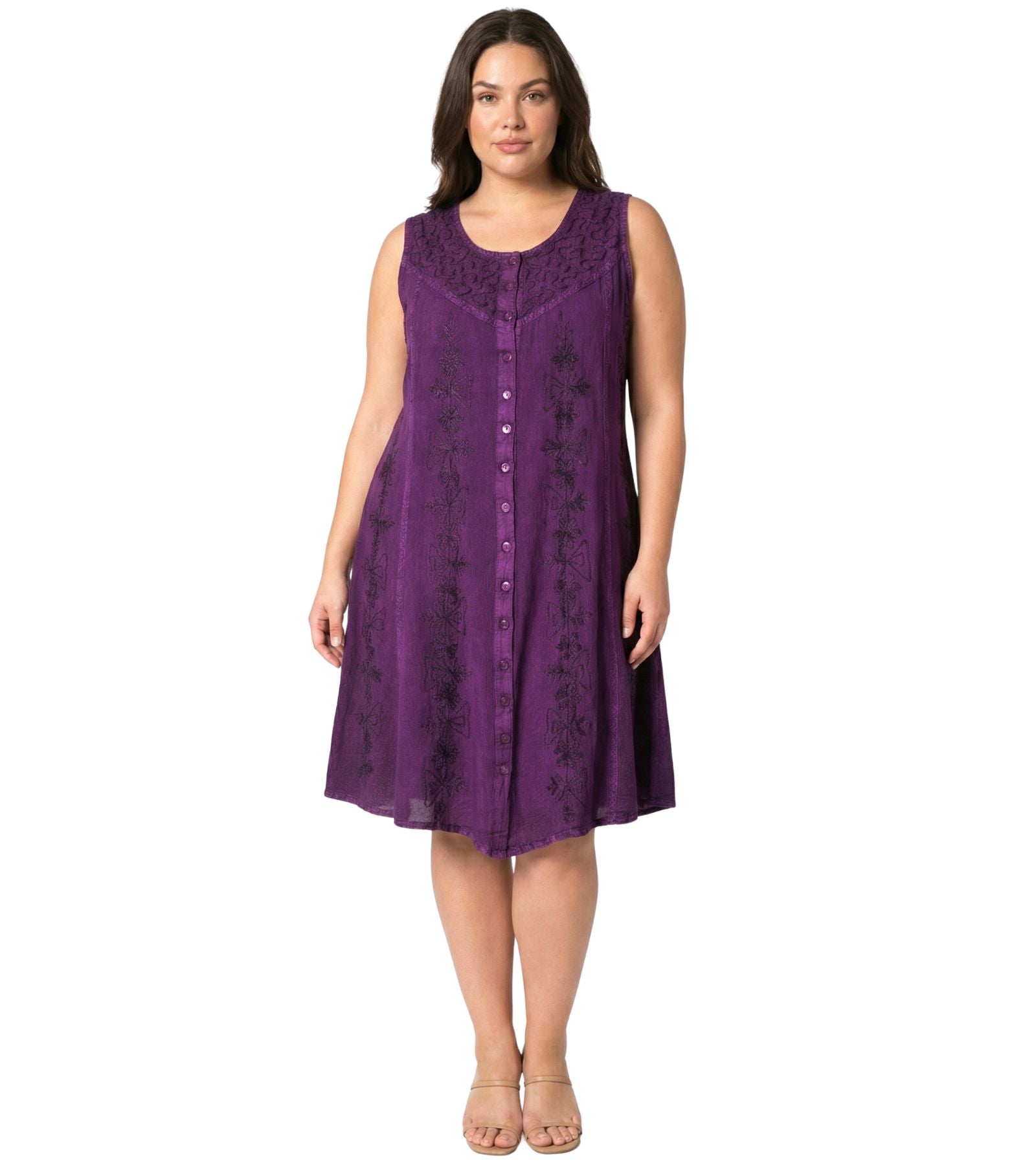 Sakkas Maya Midi Floral Embroidered Sleeveless Button Up Rayon Dress dresses La Vie Bien Sakkas Maya Midi Floral Embroidered Sleeveless Button Up Rayon Dress