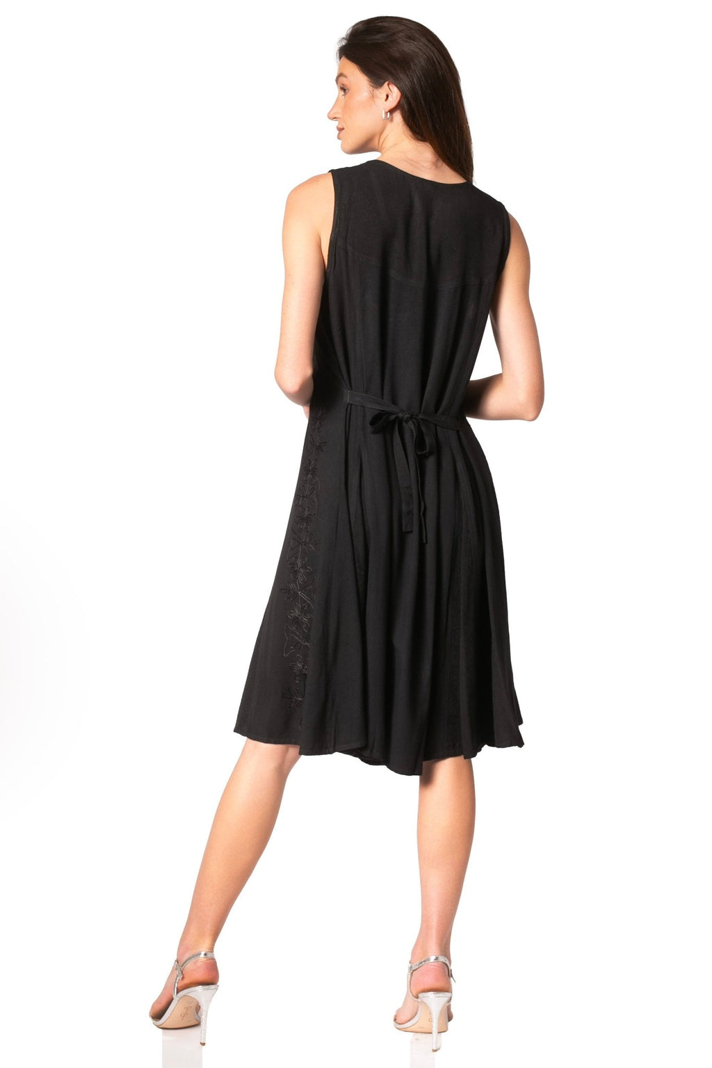 Sakkas Maya Midi Floral Embroidered Sleeveless Button Up Rayon Dress dresses La Vie Bien Sakkas Maya Midi Floral Embroidered Sleeveless Button Up Rayon Dress
