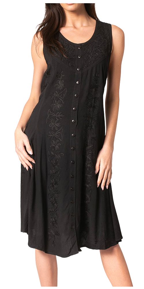 Sakkas Maya Midi Floral Embroidered Sleeveless Button Up Rayon Dress dresses La Vie Bien Sakkas Maya Midi Floral Embroidered Sleeveless Button Up Rayon Dress