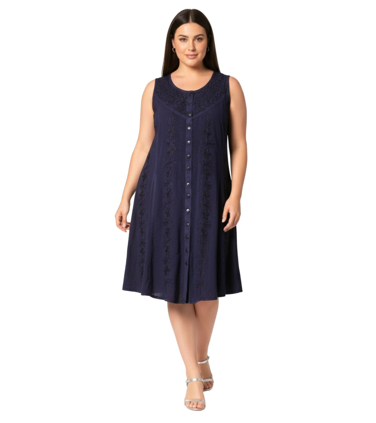 Sakkas Maya Midi Floral Embroidered Sleeveless Button Up Rayon Dress dresses La Vie Bien Sakkas Maya Midi Floral Embroidered Sleeveless Button Up Rayon Dress