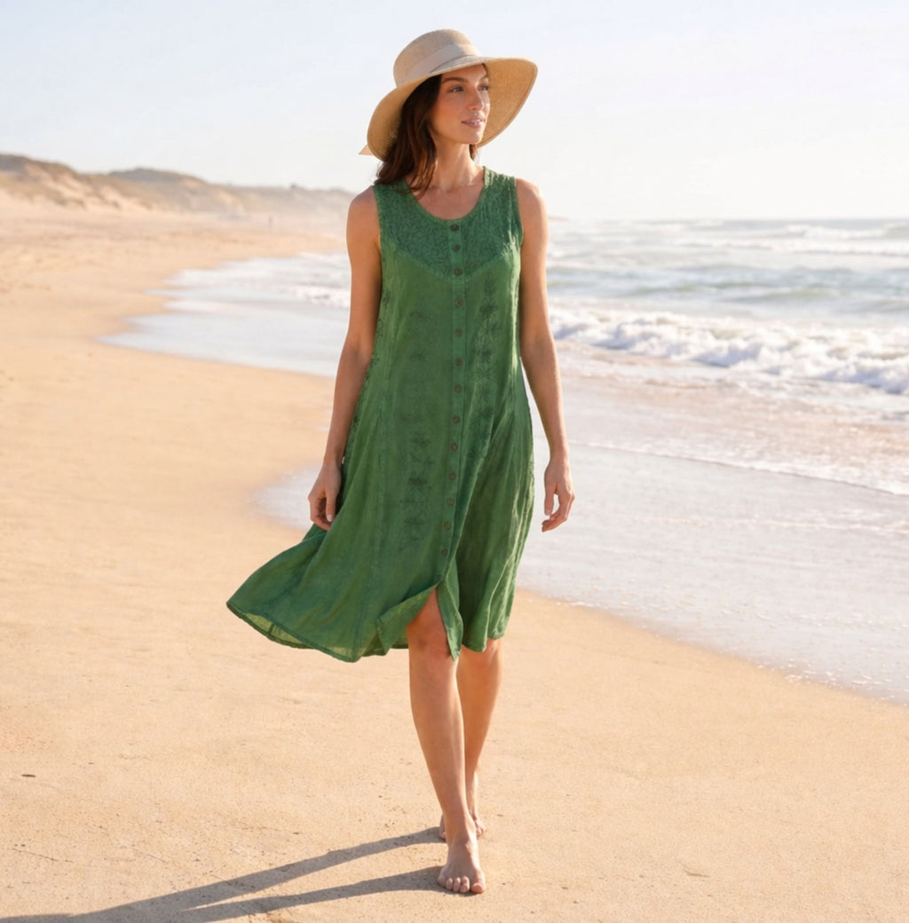 Sakkas Maya Midi Floral Embroidered Sleeveless Button Up Rayon Dress dresses La Vie Bien Sakkas Maya Midi Floral Embroidered Sleeveless Button Up Rayon Dress