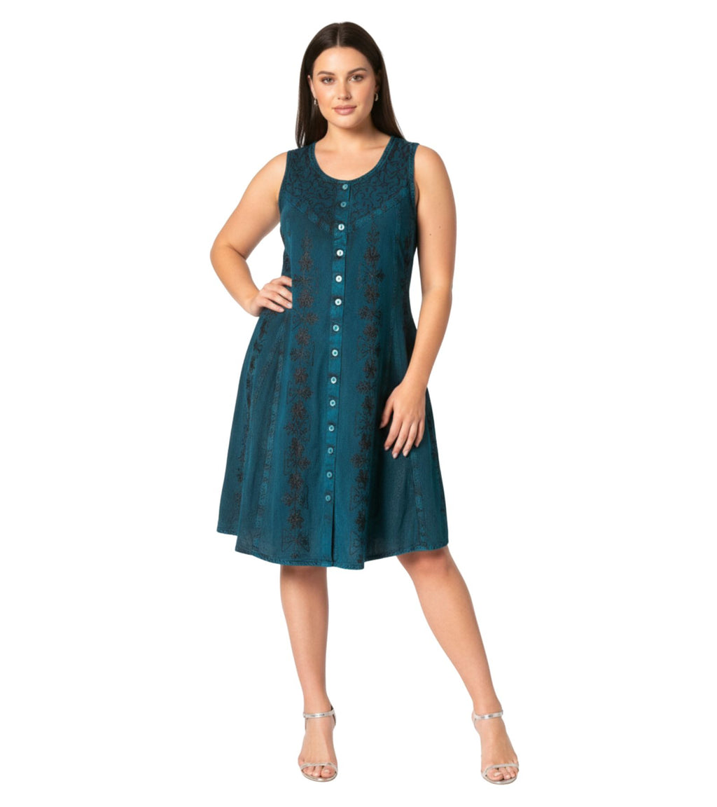 Sakkas Maya Midi Floral Embroidered Sleeveless Button Up Rayon Dress dresses La Vie Bien Sakkas Maya Midi Floral Embroidered Sleeveless Button Up Rayon Dress