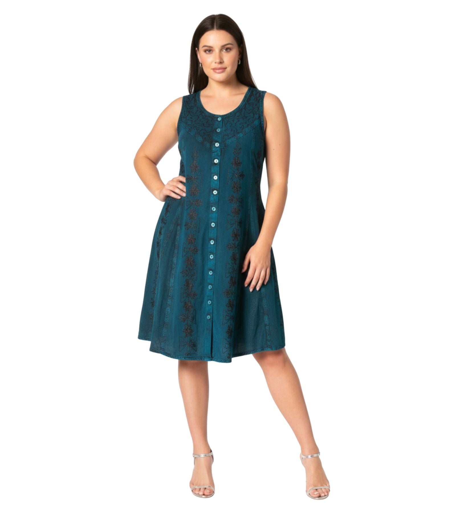 Sakkas Maya Midi Floral Embroidered Sleeveless Button Up Rayon Dress dresses La Vie Bien Sakkas Maya Midi Floral Embroidered Sleeveless Button Up Rayon Dress