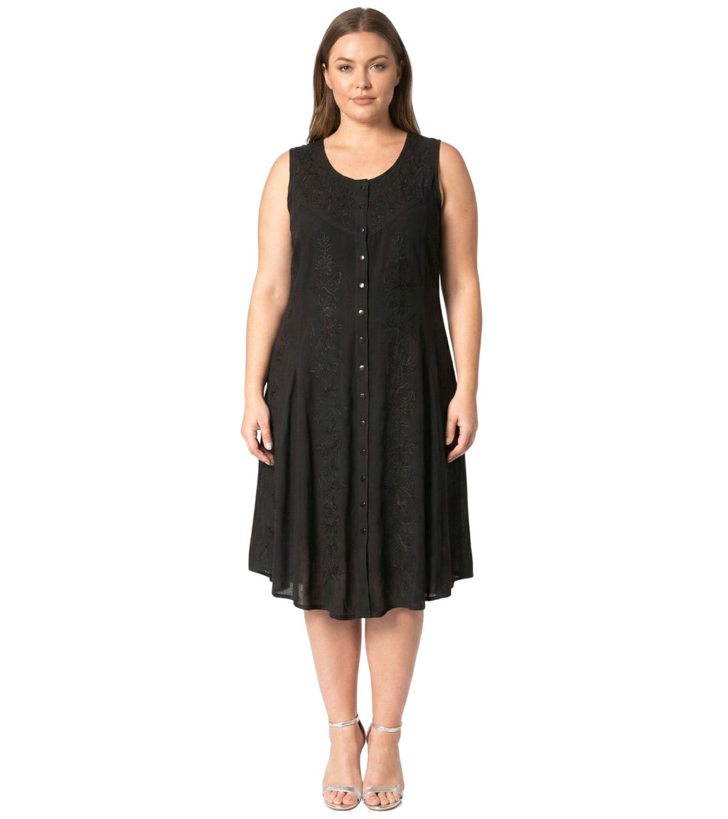 Sakkas Maya Midi Floral Embroidered Sleeveless Button Up Rayon Dress dresses La Vie Bien Sakkas Maya Midi Floral Embroidered Sleeveless Button Up Rayon Dress