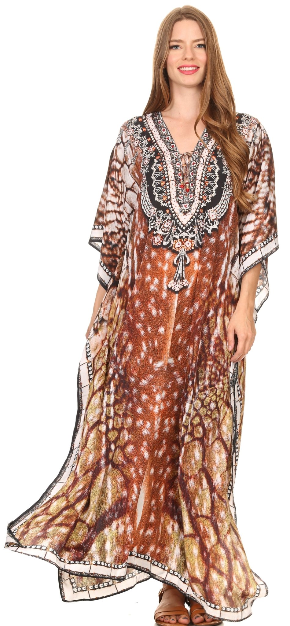 Sakkas Milanna Women's V neck Short Sleeve Vibrant Print Caftan Dress Cover-up dresses La Vie Bien Sakkas Milanna Women's V neck Short Sleeve Vibrant Print Caftan Dress Cover-up
