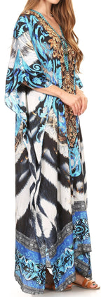 Sakkas Milanna Women's V neck Short Sleeve Vibrant Print Caftan Dress Cover-up dresses La Vie Bien Sakkas Milanna Women's V neck Short Sleeve Vibrant Print Caftan Dress Cover-up