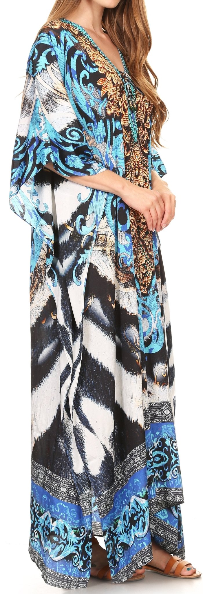 Sakkas Milanna Women's V neck Short Sleeve Vibrant Print Caftan Dress Cover-up dresses La Vie Bien Sakkas Milanna Women's V neck Short Sleeve Vibrant Print Caftan Dress Cover-up