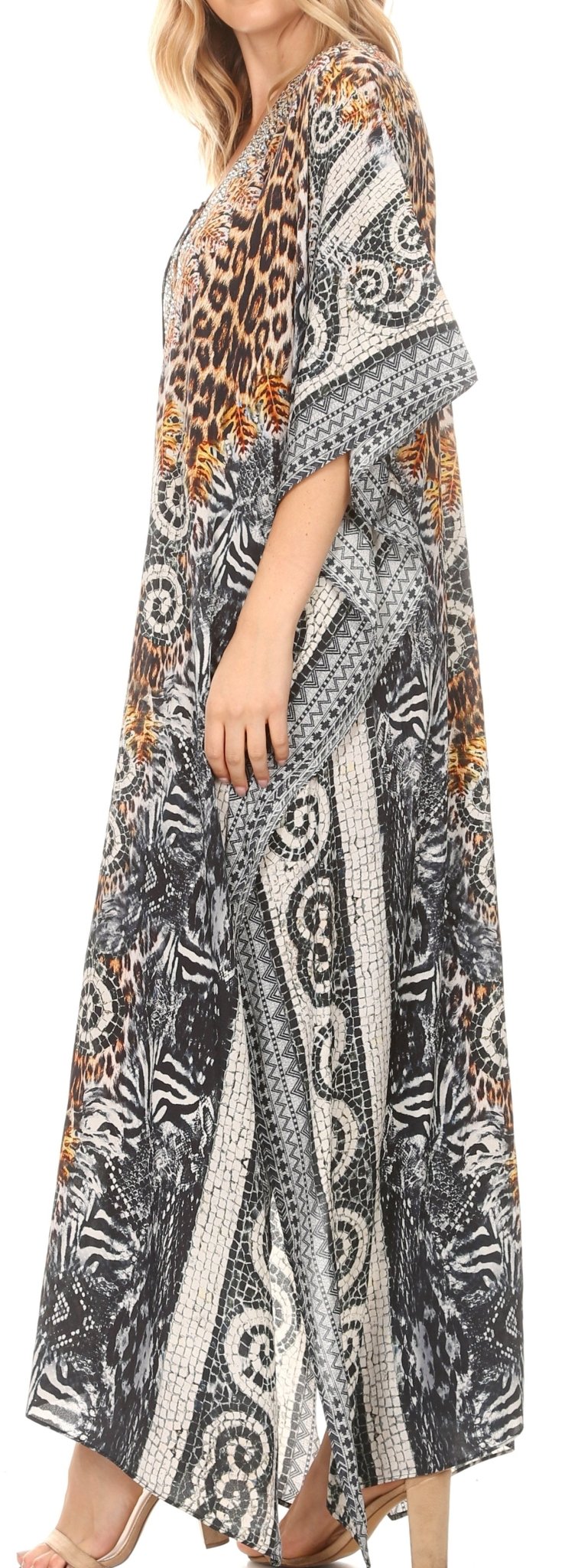 Sakkas Milanna Women's V neck Short Sleeve Vibrant Print Caftan Dress Cover-up dresses La Vie Bien Sakkas Milanna Women's V neck Short Sleeve Vibrant Print Caftan Dress Cover-up