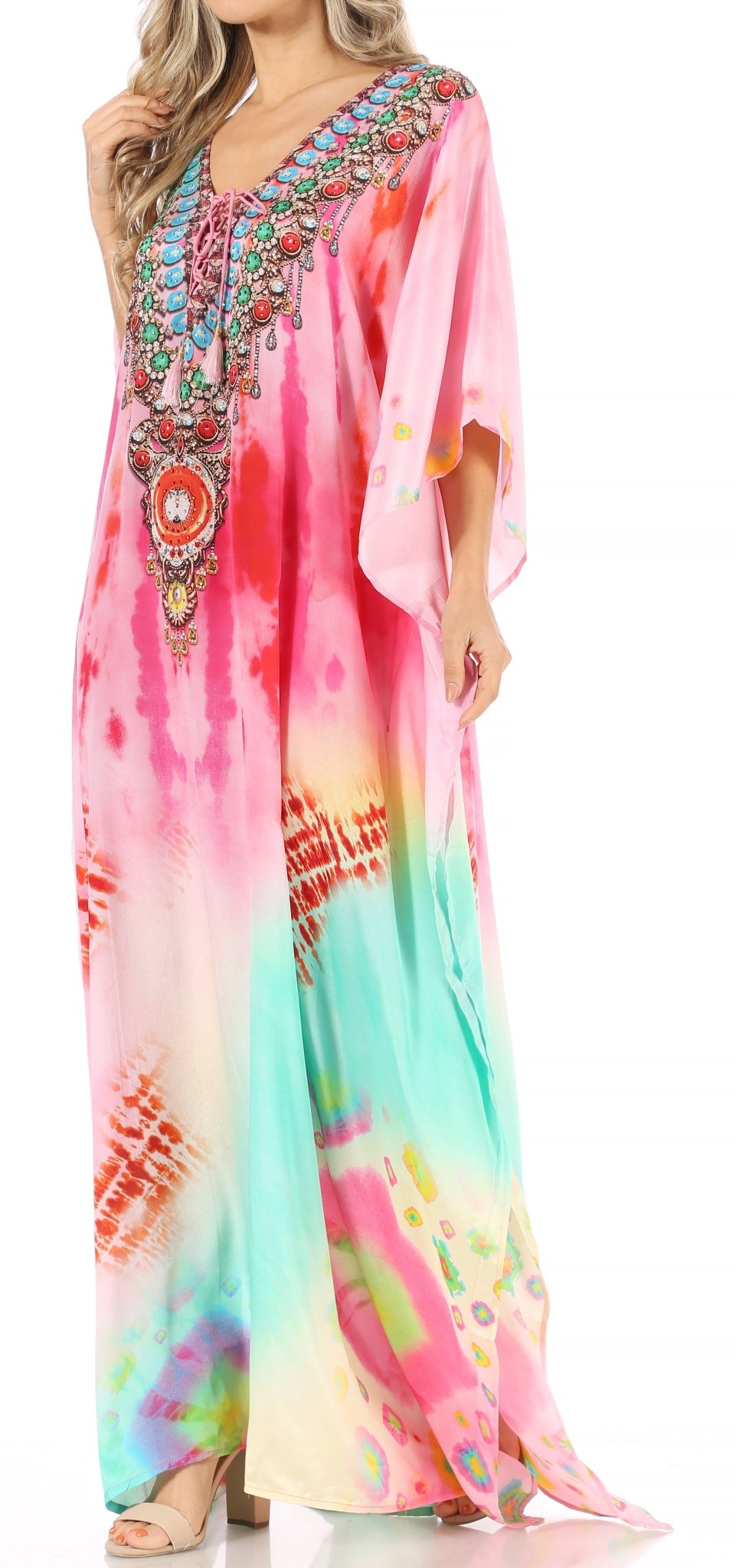 Sakkas Milanna Women's V neck Short Sleeve Vibrant Print Caftan Dress Cover-up dresses La Vie Bien Sakkas Milanna Women's V neck Short Sleeve Vibrant Print Caftan Dress Cover-up