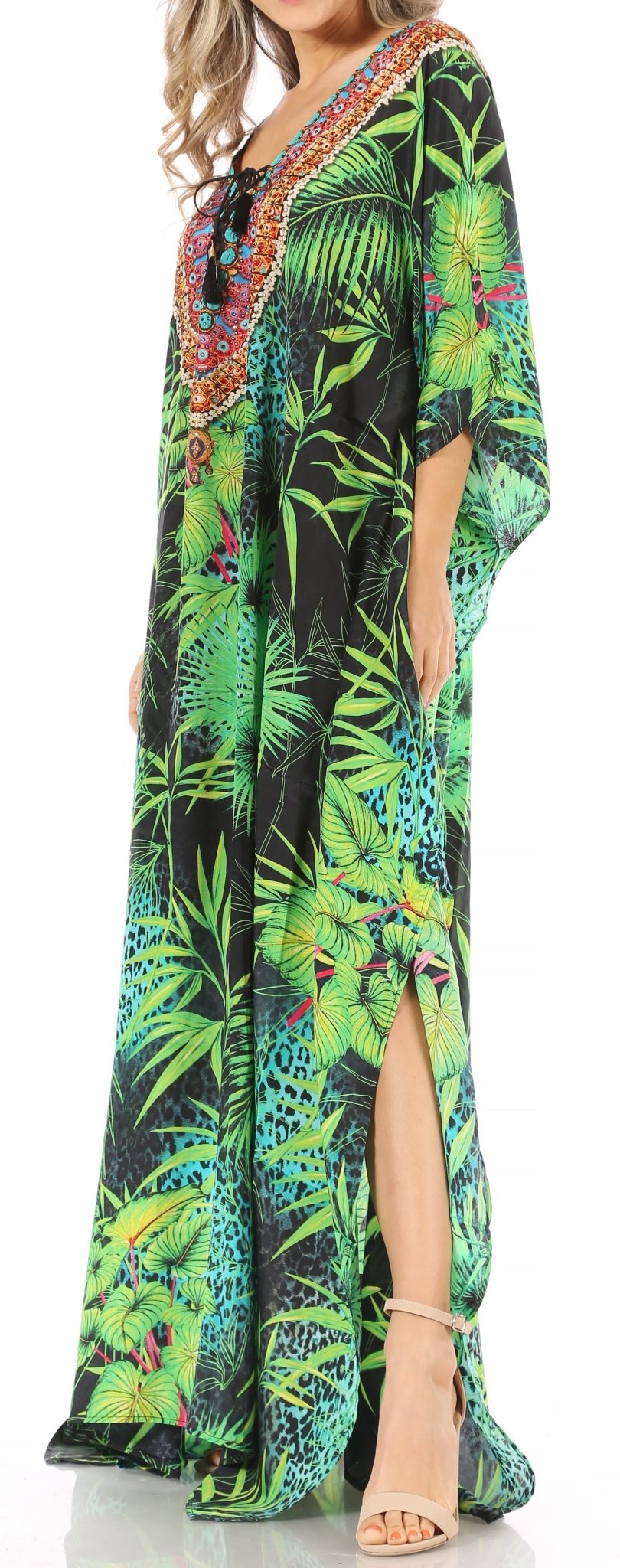 Sakkas Milanna Women's V neck Short Sleeve Vibrant Print Caftan Dress Cover-up dresses La Vie Bien Sakkas Milanna Women's V neck Short Sleeve Vibrant Print Caftan Dress Cover-up