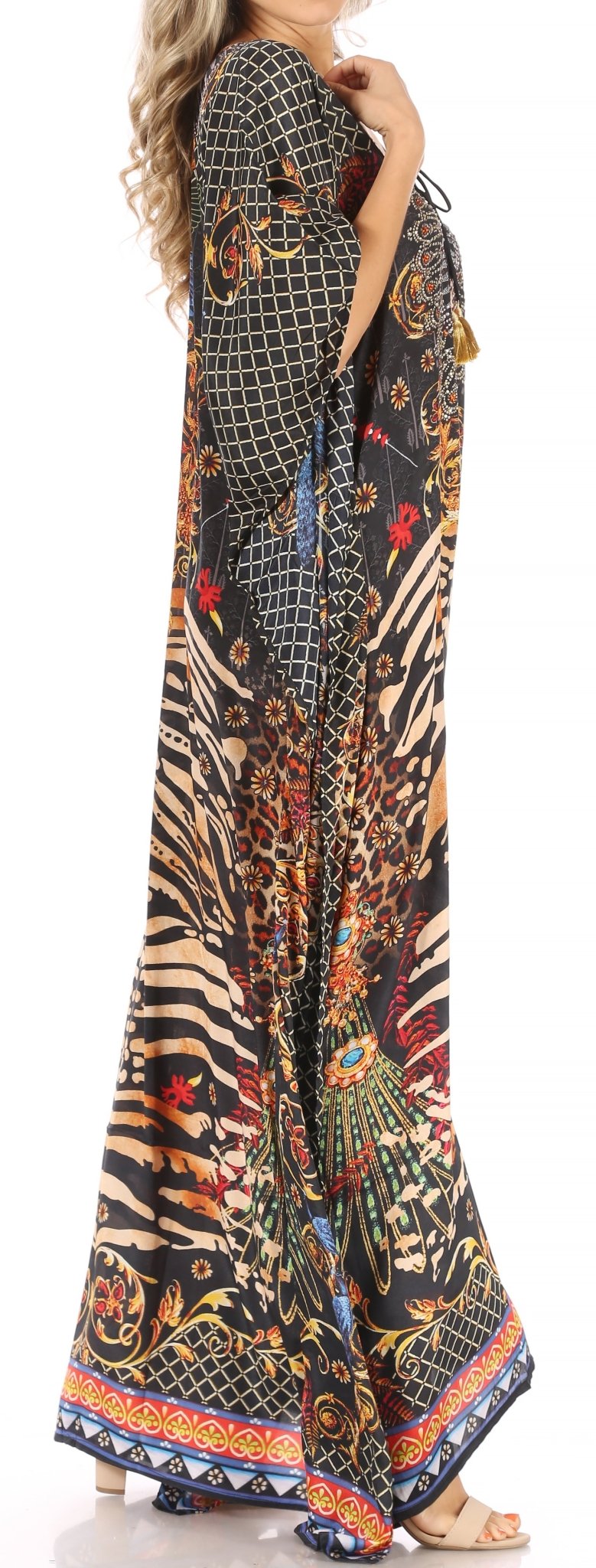 Sakkas Milanna Women's V neck Short Sleeve Vibrant Print Caftan Dress Cover-up dresses La Vie Bien Sakkas Milanna Women's V neck Short Sleeve Vibrant Print Caftan Dress Cover-up