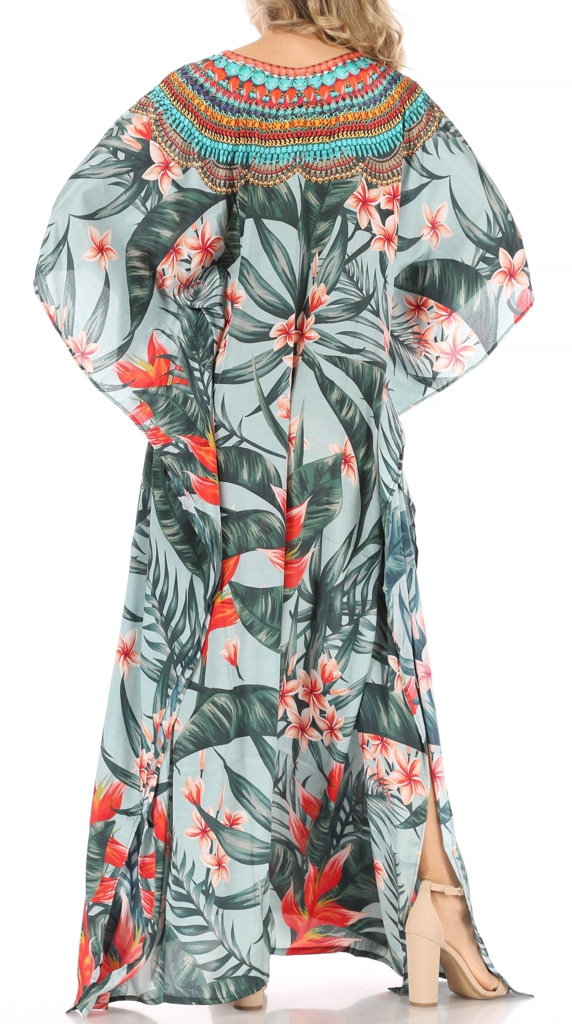 Sakkas Milanna Women's V neck Short Sleeve Vibrant Print Caftan Dress Cover-up dresses La Vie Bien Sakkas Milanna Women's V neck Short Sleeve Vibrant Print Caftan Dress Cover-up