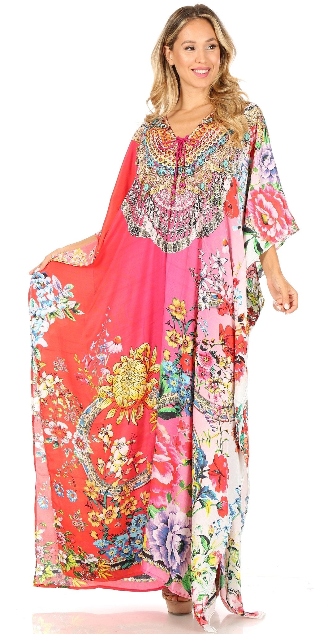 Sakkas Milanna Women's V neck Short Sleeve Vibrant Print Caftan Dress Cover-up dresses La Vie Bien Sakkas Milanna Women's V neck Short Sleeve Vibrant Print Caftan Dress Cover-up