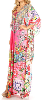 Sakkas Milanna Women's V neck Short Sleeve Vibrant Print Caftan Dress Cover-up dresses La Vie Bien Sakkas Milanna Women's V neck Short Sleeve Vibrant Print Caftan Dress Cover-up