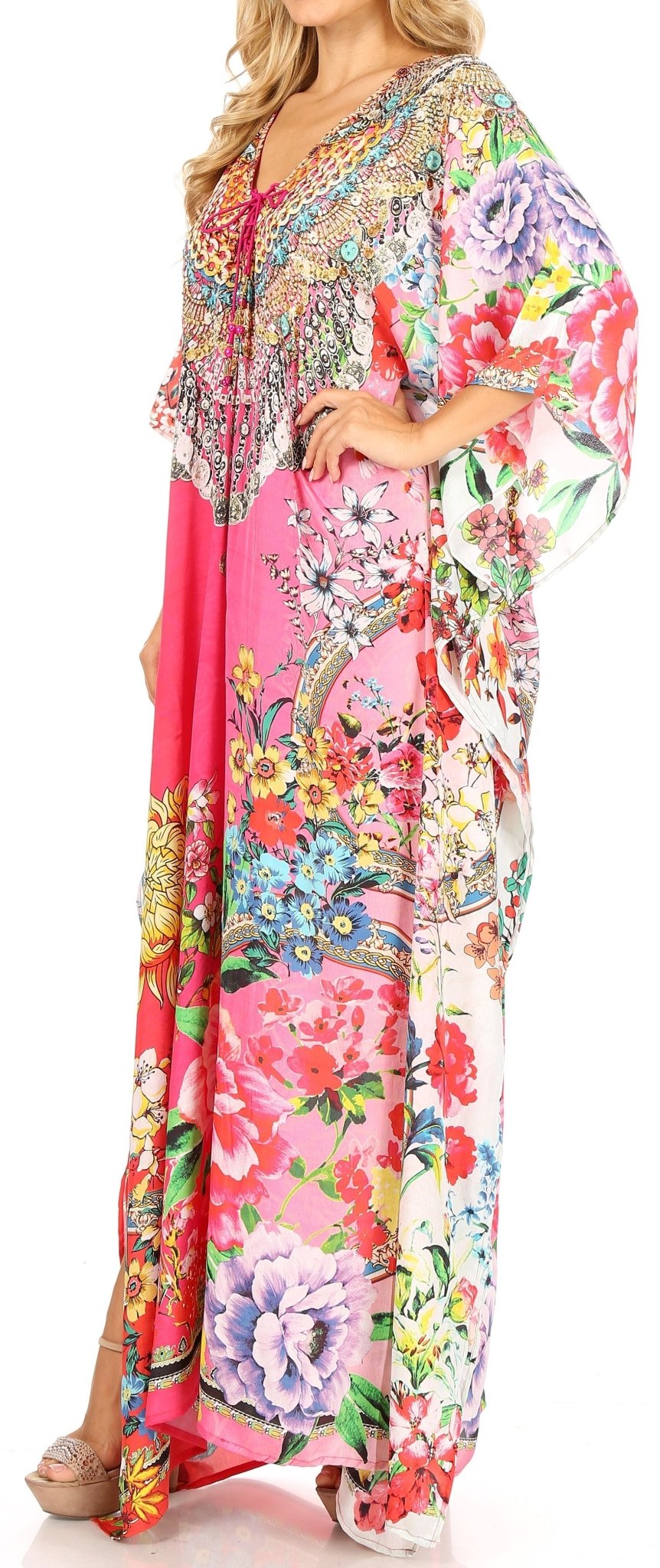 Sakkas Milanna Women's V neck Short Sleeve Vibrant Print Caftan Dress Cover-up dresses La Vie Bien Sakkas Milanna Women's V neck Short Sleeve Vibrant Print Caftan Dress Cover-up