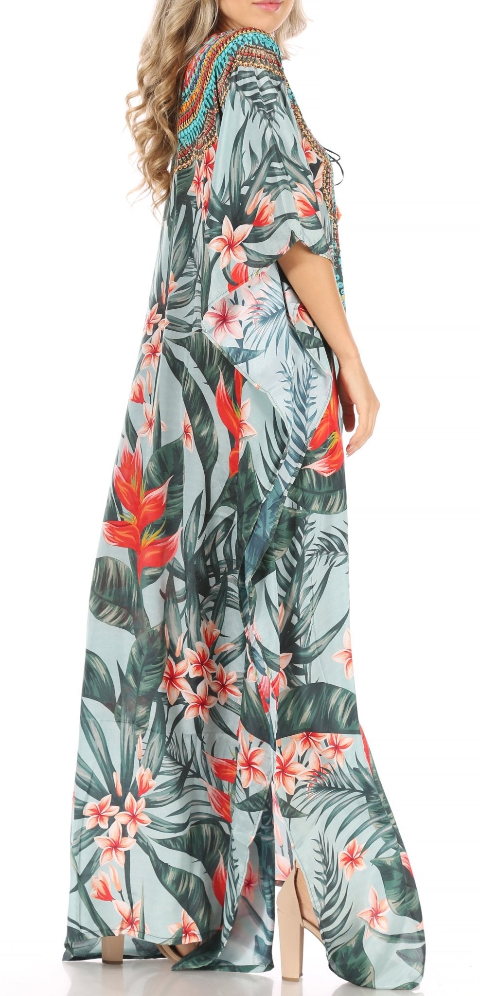 Sakkas Milanna Women's V neck Short Sleeve Vibrant Print Caftan Dress Cover-up dresses La Vie Bien Sakkas Milanna Women's V neck Short Sleeve Vibrant Print Caftan Dress Cover-up