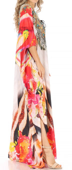 Sakkas Milanna Women's V neck Short Sleeve Vibrant Print Caftan Dress Cover-up dresses La Vie Bien Sakkas Milanna Women's V neck Short Sleeve Vibrant Print Caftan Dress Cover-up