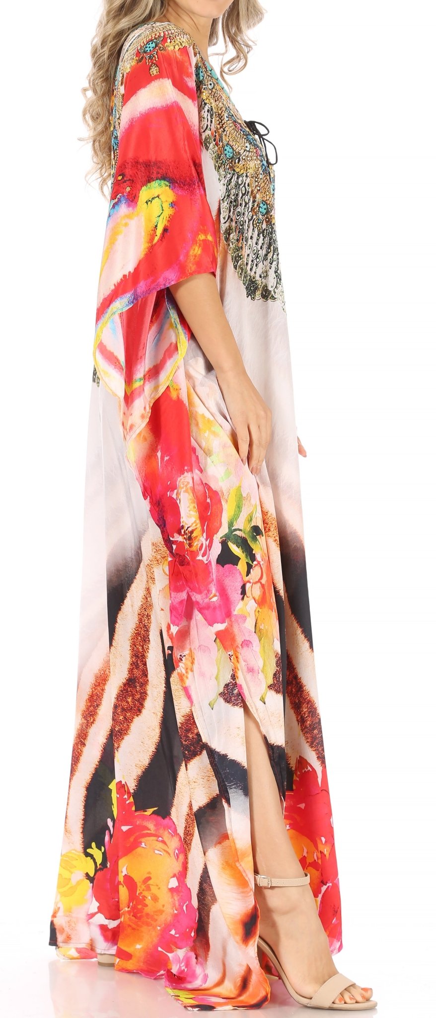 Sakkas Milanna Women's V neck Short Sleeve Vibrant Print Caftan Dress Cover-up dresses La Vie Bien Sakkas Milanna Women's V neck Short Sleeve Vibrant Print Caftan Dress Cover-up