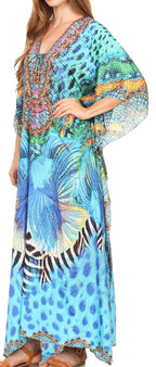 Sakkas Milanna Women's V neck Short Sleeve Vibrant Print Caftan Dress Cover-up dresses La Vie Bien Sakkas Milanna Women's V neck Short Sleeve Vibrant Print Caftan Dress Cover-up