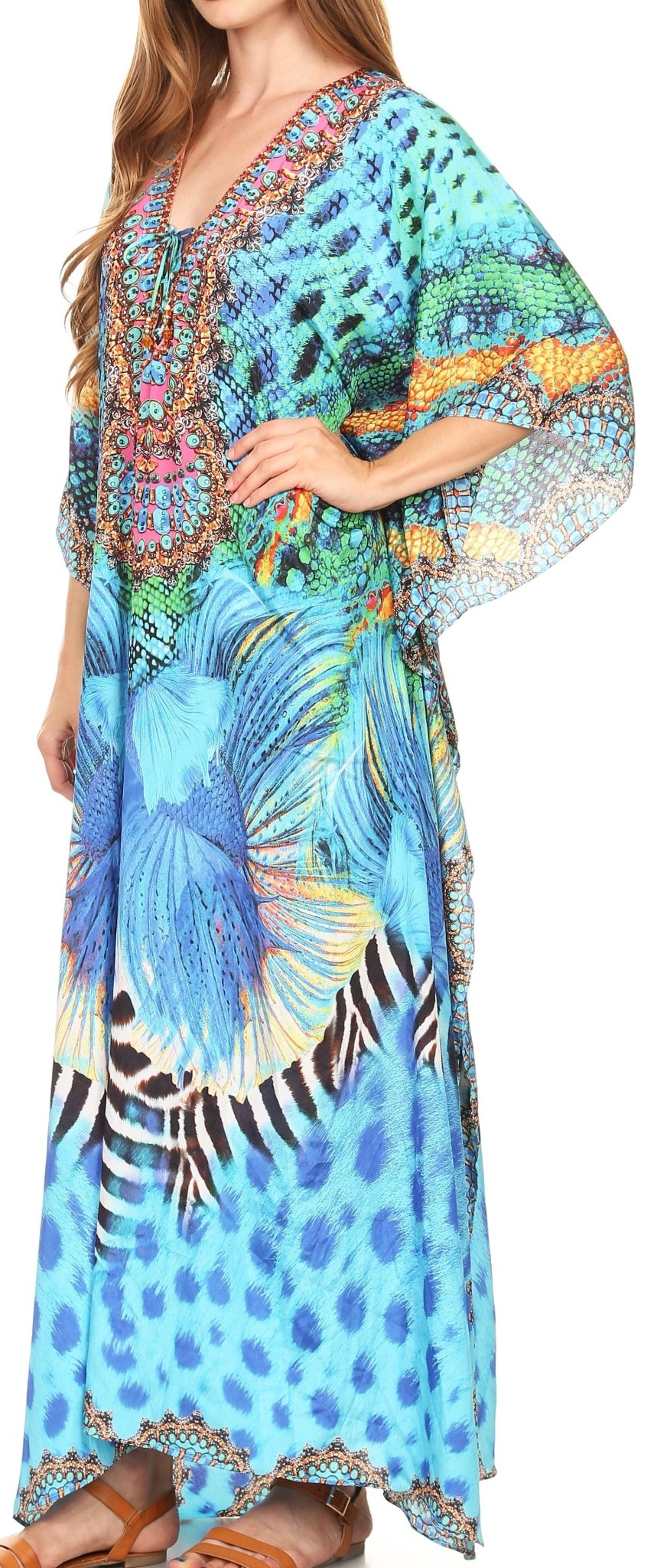 Sakkas Milanna Women's V neck Short Sleeve Vibrant Print Caftan Dress Cover-up dresses La Vie Bien Sakkas Milanna Women's V neck Short Sleeve Vibrant Print Caftan Dress Cover-up