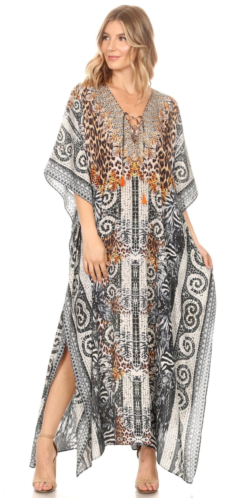 Sakkas Milanna Women's V neck Short Sleeve Vibrant Print Caftan Dress Cover-up dresses La Vie Bien Sakkas Milanna Women's V neck Short Sleeve Vibrant Print Caftan Dress Cover-up