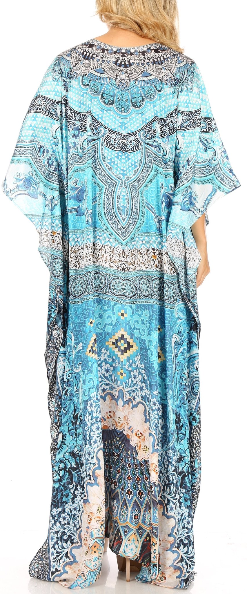 Sakkas Milanna Women's V neck Short Sleeve Vibrant Print Caftan Dress Cover-up dresses La Vie Bien Sakkas Milanna Women's V neck Short Sleeve Vibrant Print Caftan Dress Cover-up