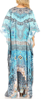 Sakkas Milanna Women's V neck Short Sleeve Vibrant Print Caftan Dress Cover-up dresses La Vie Bien Sakkas Milanna Women's V neck Short Sleeve Vibrant Print Caftan Dress Cover-up