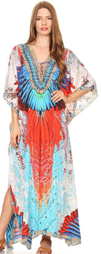 Sakkas Milanna Women's V neck Short Sleeve Vibrant Print Caftan Dress Cover-up dresses La Vie Bien Sakkas Milanna Women's V neck Short Sleeve Vibrant Print Caftan Dress Cover-up