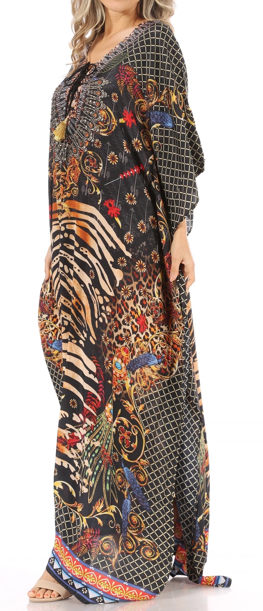 Sakkas Milanna Women's V neck Short Sleeve Vibrant Print Caftan Dress Cover-up dresses La Vie Bien Sakkas Milanna Women's V neck Short Sleeve Vibrant Print Caftan Dress Cover-up