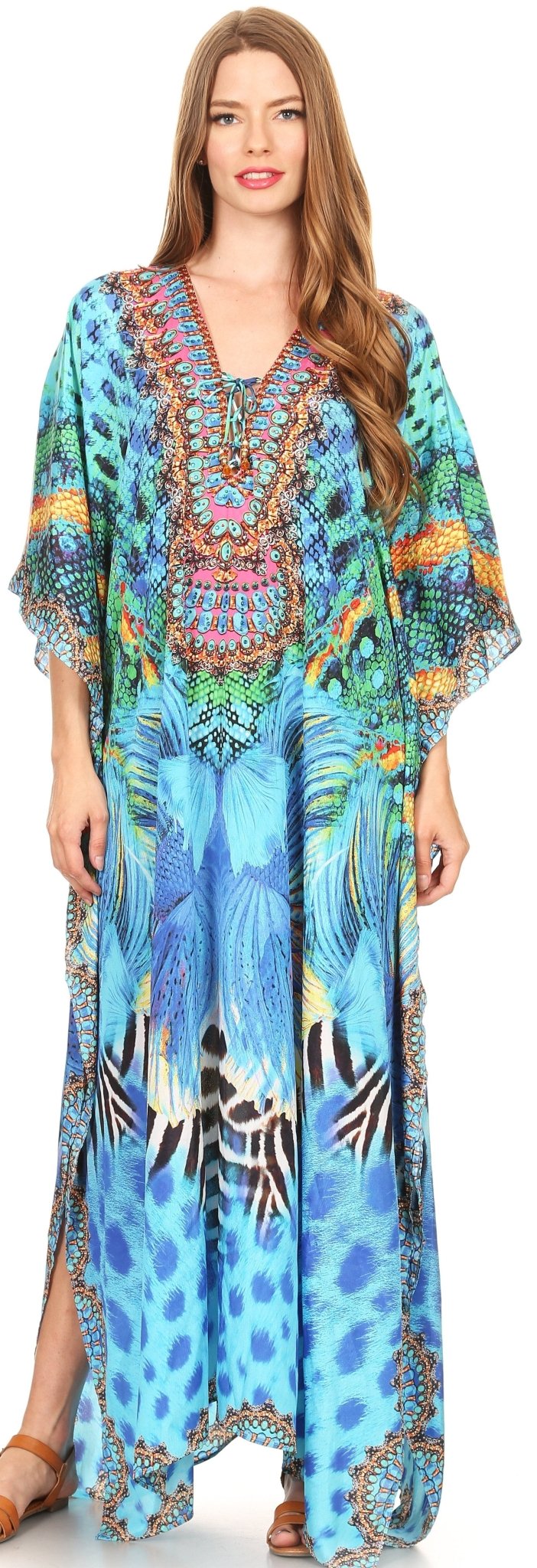 Sakkas Milanna Women's V neck Short Sleeve Vibrant Print Caftan Dress Cover-up dresses La Vie Bien Sakkas Milanna Women's V neck Short Sleeve Vibrant Print Caftan Dress Cover-up