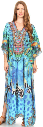 Sakkas Milanna Women's V neck Short Sleeve Vibrant Print Caftan Dress Cover-up dresses La Vie Bien Sakkas Milanna Women's V neck Short Sleeve Vibrant Print Caftan Dress Cover-up